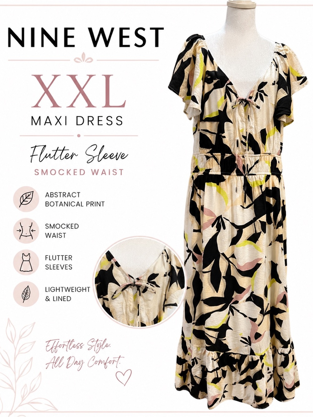 Nine West XXL Abstract Botanical Print Maxi Dress Flutter Sleeve Smocked